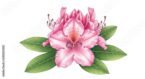 Pink rhododendron flower with green leaves on white background