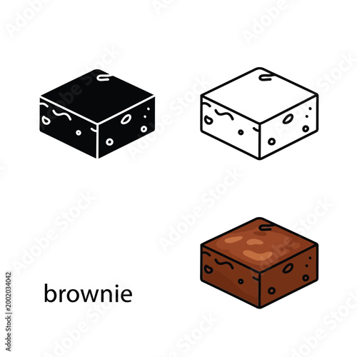 Brownie vector set showing chocolate fudge square with walnuts in outline and color design.
