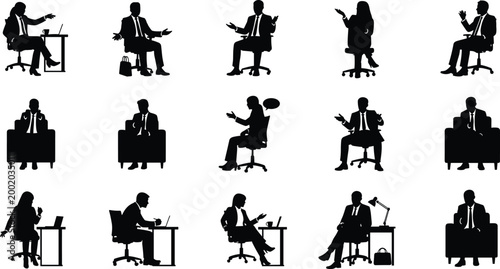 Sitting Business People Silhouettes Professionals in Meetings Working at Desks and Consulting Vector Illustrations