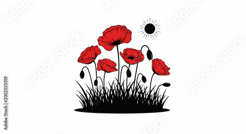 Field of vibrant red poppies under a stylized sun