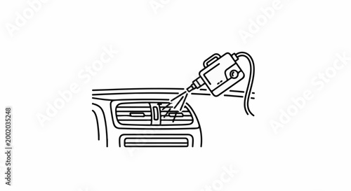 Device spraying mist into car air vent for cleaning or sanitizing
