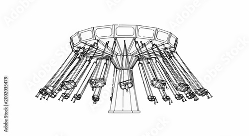 Detailed line drawing of a classic amusement park swing ride from a low angle