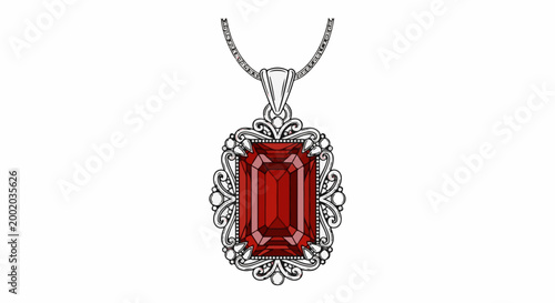 Detailed sketch of an ornate ruby pendant with delicate chain