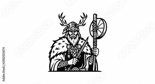 Fierce warrior with antlers and axe, wearing fur cloak and holding a dagger