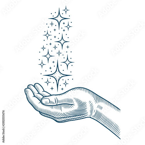 Mystical Hand with Sparkling Stars Minimal Line Art Spiritual Illustration