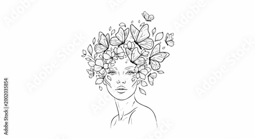 Ethereal portrait with blooming flowers and fluttering butterflies adorning the head