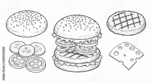 Exploded view illustration of a sesame seed bun hamburger with toppings