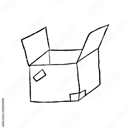 Isometric closed box, hand drawn cardboard carton package sketch. Black line drawing, simple geometric shape, storage container outline. Delivery shipping concept.