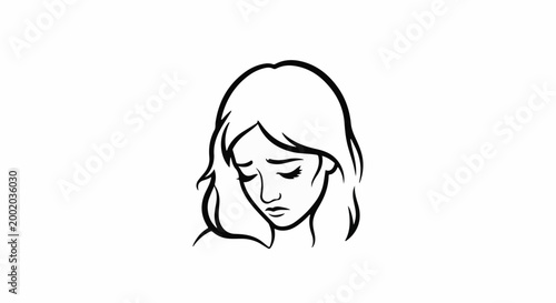 Expressive line art of a young woman with downcast eyes and flowing hair