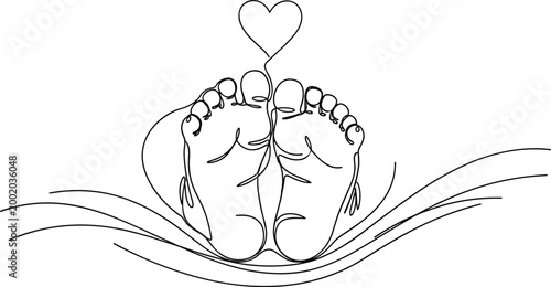Continuous Line Drawing of Baby Feet with Heart Symbol Minimalist Newborn Footprint Vector Illustration for Pregnancy Parenthood and New Born Birth
