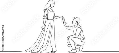 Continuous One Line Drawing of a Man Proposing to a Woman Vector Illustration for Wedding Engagement Romance Love and Marriage