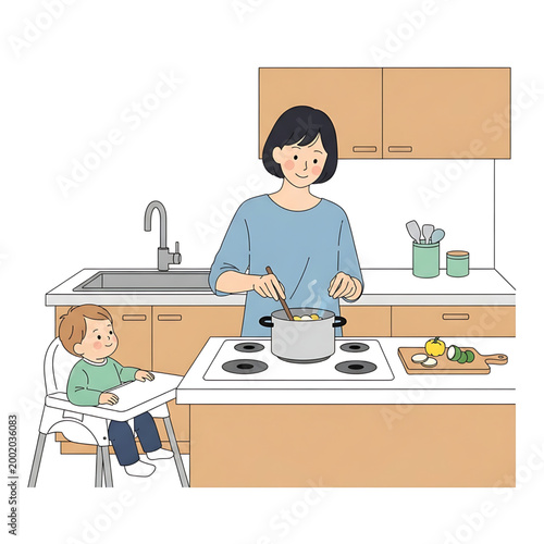 A caring parent cooks a nutritious meal on the stove in a modern kitchen, with her young child seated in a high chair, representing daily family routines and domestic bliss