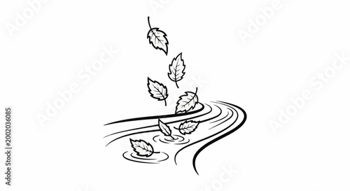 Falling leaves drift onto a flowing stream with ripples and waves