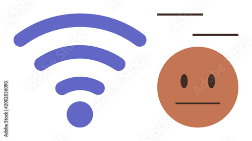 Network connectivity, digital communication, frustration, technology reliance, signal outage, online access. wireless symbol and neutral face. Network connectivity and digital communication concept