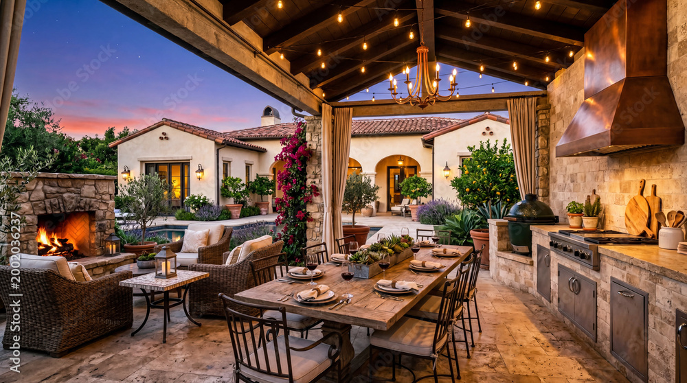 Obraz premium A luxurious outdoor dining area with a fireplace and kitchen in a beautiful house at dusk