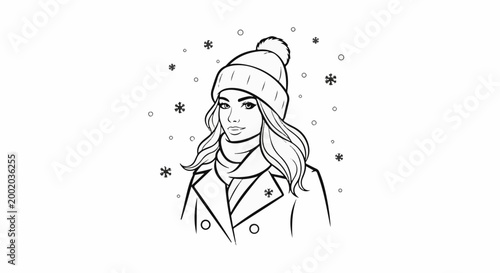 Fashionable woman in winter attire with snowfall illustrations