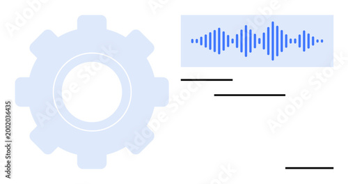 Audio technology. Gear icon and soundwave innovation and audio processing. Audio technology streamlines media operations and sound design. Ideal for tech, media, AI, workflow