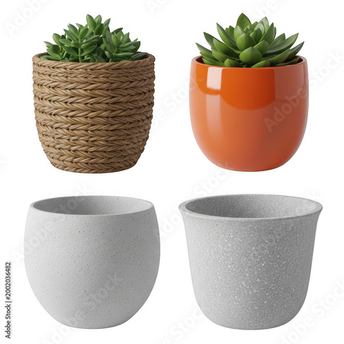 Four decorative pots with succulent plants and textures