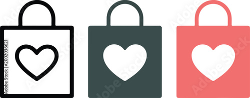 Minimalist shopping bag vector icon set with heart symbol featuring outline silhouette and flat pink color design for romantic retail commerce fashion gift packaging element.