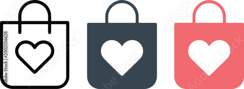Minimalist shopping bag vector icon set with heart symbol featuring outline silhouette and flat pink color design for romantic retail commerce fashion gift packaging element.