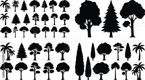 Collection of tree silhouettes set isolated vector illustration with various forest trees pine oak palm decorative elements