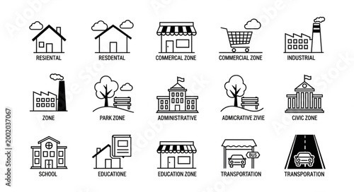 Collection of Hand Drawn Icons Representing Various Buildings and Businesses.