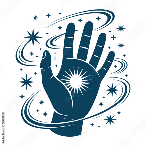 Mystical Hand with Cosmic Stars Illustration Minimal Line Art Spiritual Design