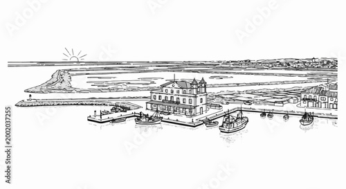 Drawing of a harbor with fishing boats, a pier, and buildings under a sunrise