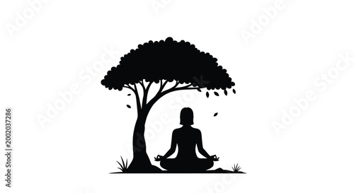 woman meditating under tree silhouette high quality professional