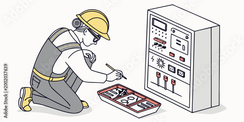 Fotografija Worker in hard hat adjusting control panel with tools manual labor diagnostic to