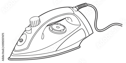 Drawing of a steam iron with a control knob and buttons garment care line art water tank vertical steam dry cleaning appliance household clothing pressing wrinkles electric domestic