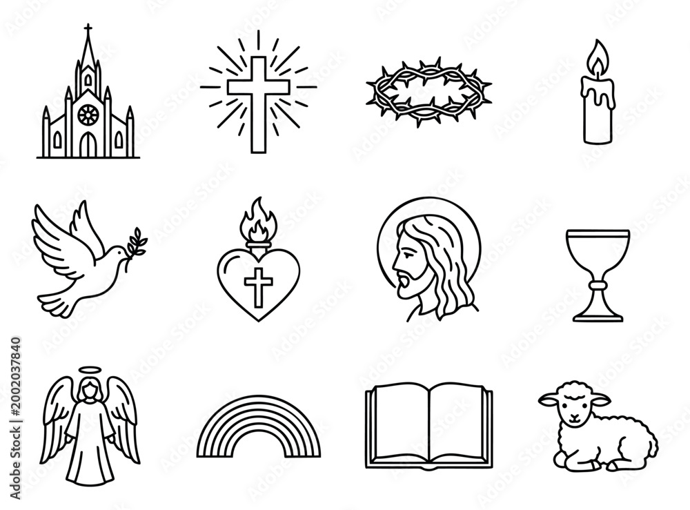 Naklejka premium Outline icon set of 12 Christian religion symbols featuring church, cross, Jesus, dove, angel and sacred heart for faith design