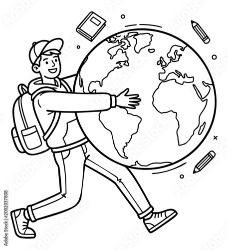 Outline illustration of student hugging globe depicting global education and world learning for school and travel design