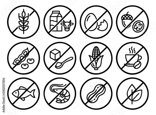Outline icon set of 12 food allergen symbols featuring gluten, dairy, egg, nut, soy, sugar, corn, caffeine, fish, shellfish, peanut and leaf for dietary design