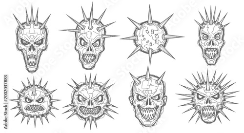 Graphic skulls and spiked spheres vector illustration
