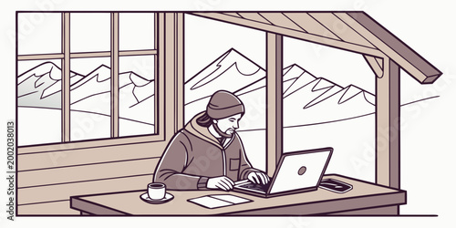 Man working on laptop at desk in front of window with mountain landscape remote work from home digital nomad coffee cup line art winter clothing computer freelance mountains landscape