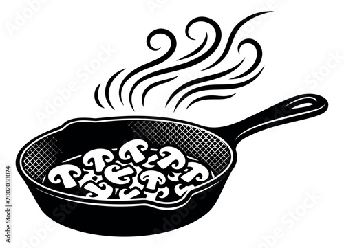 Woodcut illustration of sautéed mushrooms in a cast iron skillet depicting steam rising for food and cooking design
