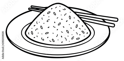 Outline illustration of steamed rice on a plate depicting a mounded serving with chopsticks for food and restaurant design