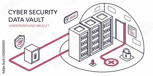 Cyber security data vault with servers and safe data center secure storage digital security data protection network security information security system cyber defense data management