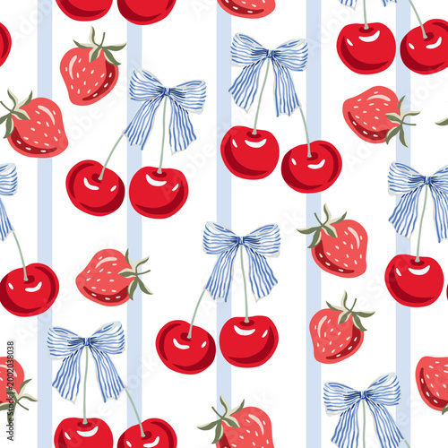 Red cherry fruits, blue striped bows, strawberries, striped white background. Vector illustration. Seamless pattern. Summer garden berries