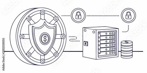 Secure financial data vault with server and database icons data center secure storage digital security data protection network security information security system cyber defense