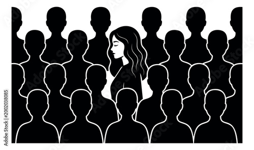 Silhouette illustration of a woman standing out in a crowd depicting individuality and loneliness for social and mental health design