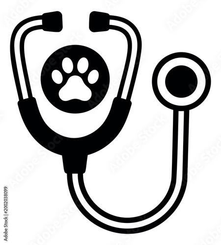 Silhouette illustration of veterinary stethoscope depicting paw print medical symbol for animal healthcare design