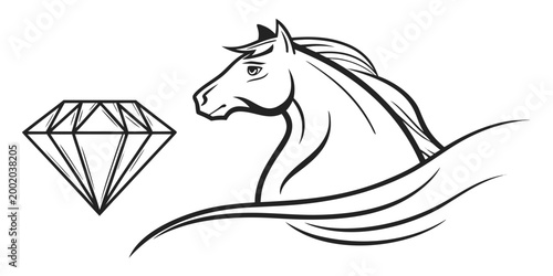 Stylized horse head profile with flowing mane and brilliant faceted diamond graphic vector illustration precious strength elegance majestic equestrian background valuable