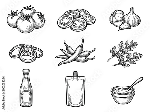 Engraving icon set of 9 sauce and condiment ingredients featuring tomato, garlic, chili, herbs and ketchup for food design