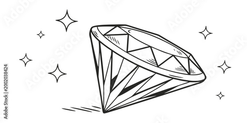 Black and white hand-drawn sparkling diamond doodle illustration with multiple brilliant facets and reflections precious stone brilliant treasure expensive engagement anniversary accessory