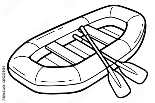 Outline illustration of an inflatable rubber raft depicting a river boat with paddles for adventure and water sports design