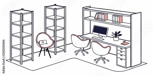 L-shaped office workspace with two desks and chairs complemented by tall open shelving units designed for productivity and creative collaboration l shaped line art workspace shelving l-shaped