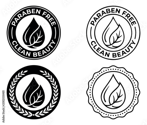 Flat icon set of 4 paraben free clean beauty badges featuring water drop and leaf motifs for cosmetic product labeling