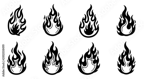 Stylized fire flame set black and white isolated
